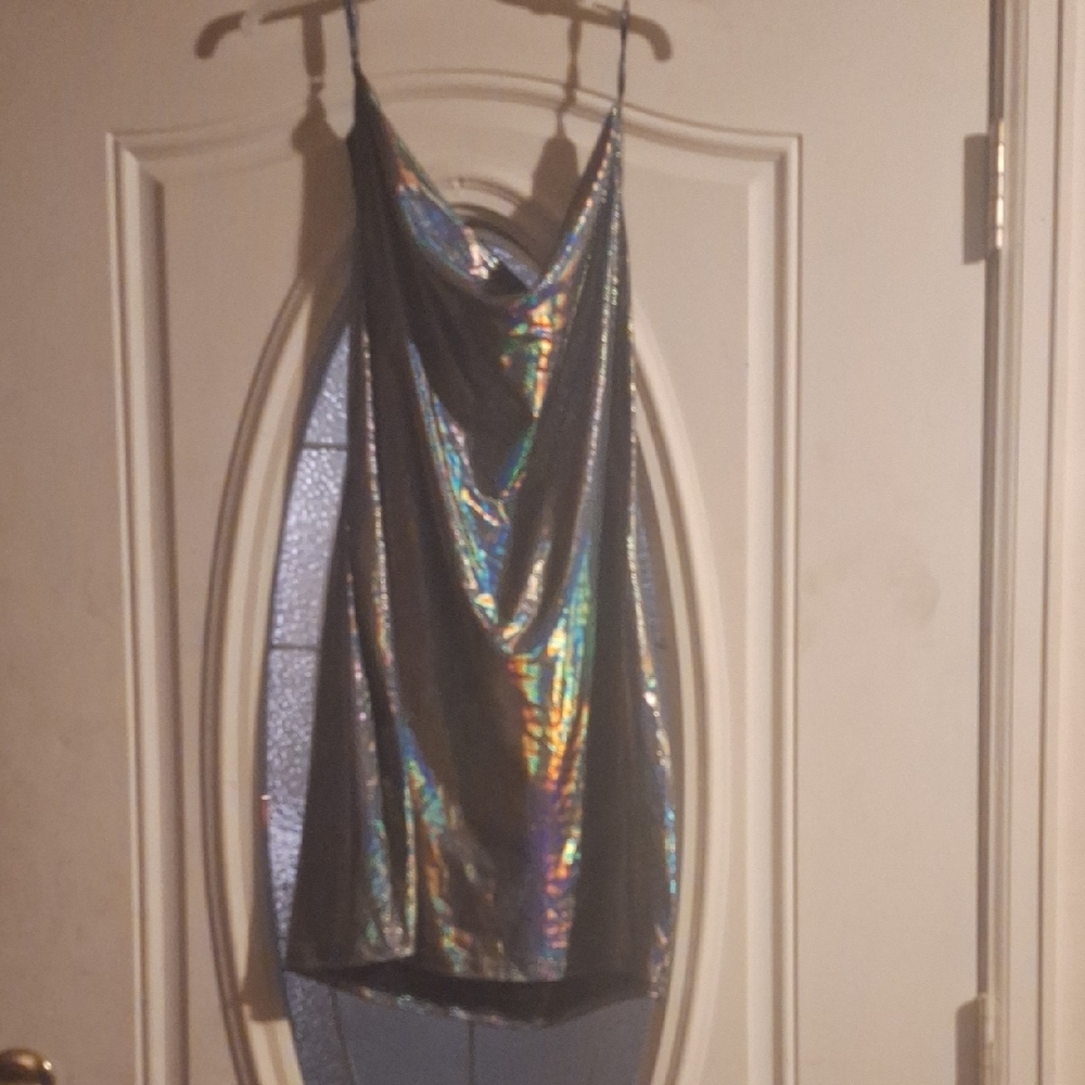 Bebe Silver Irradesent Sheer Backless Dress